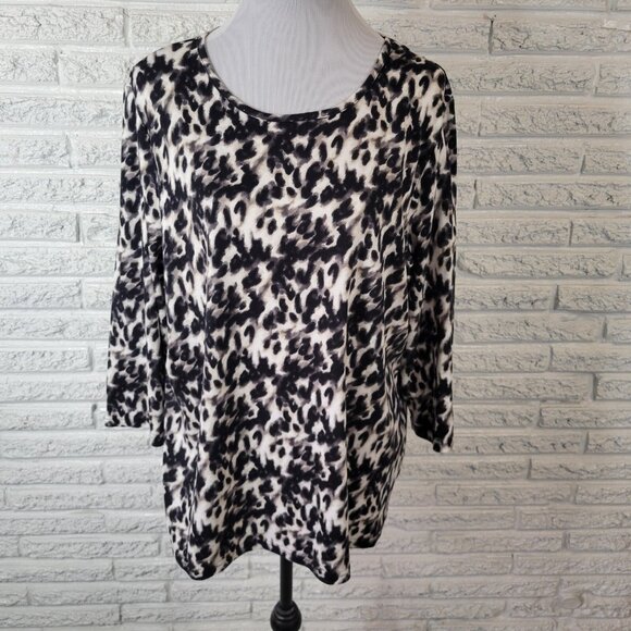 Kim Rogers Womens Top 2X Plus 3/4 Sleeve Black Animal Print Lightweight ANI83E - Picture 1 of 9